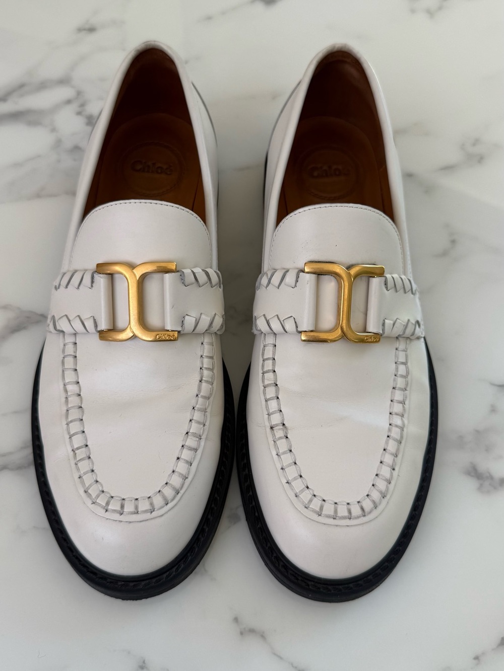 Celine White Leather Loafers with Gold Buckle - Size 39 (US 8.5)
